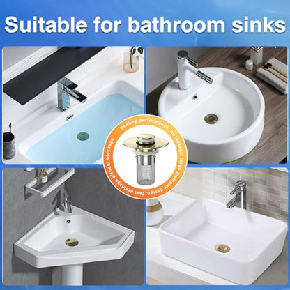 Bathroom Sink Drain Strainer,(3PCS) Pop-up Sink Drain Strainer with Removable Stainless Steel Strainer Basket Hair Catcher, Bathroom Sink Strainer for Bathroom Sink Stopper Replacement - color: 3, Brushed Gold
