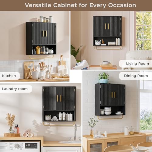 Bathroom Wall Cabinet, Medicine Cabinet with Fluted Door & Adjustable Shelf | Over The Toilet Storage Cabinet with Towel Bar, Space-Saving Cabinet Wall Mount for Laundry Room, Kitchen, Living Room - color: Black