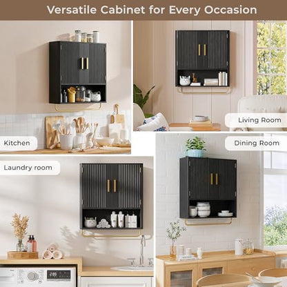 Bathroom Wall Cabinet, Medicine Cabinet with Fluted Door & Adjustable Shelf | Over The Toilet Storage Cabinet with Towel Bar, Space-Saving Cabinet Wall Mount for Laundry Room, Kitchen, Living Room - color: Black