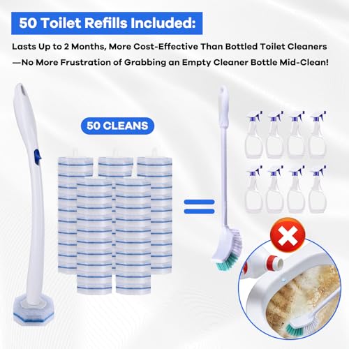 Disposable Toilet Brush and Holder Set with 50 Thickened Refills | Heavy-duty Design, Thick Cleaning Layer, Won't Fall Apart, Large Opening Storage Caddy, Long Handle, Home & Commercial Use