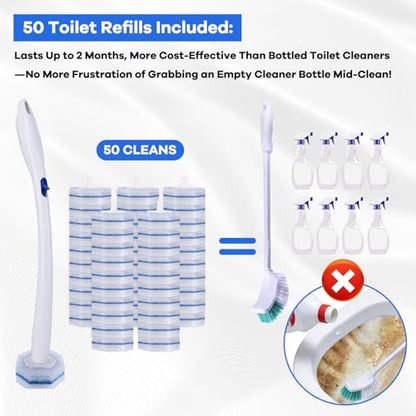 Disposable Toilet Brush and Holder Set with 50 Thickened Refills | Heavy-duty Design, Thick Cleaning Layer, Won't Fall Apart, Large Opening Storage Caddy, Long Handle, Home & Commercial Use