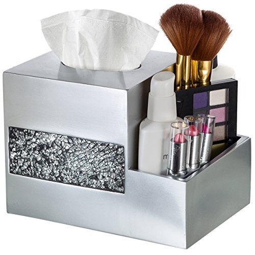 Crackled Glass Tissue Box Cover Square Silver Decorative Multi-function Storage Organizer Caddy; Tissue Box Holder & Countertop Nightstand Bedside Table Organizer Makeup, Phone, Remote Control Holder - style: Tissue Box Organizer