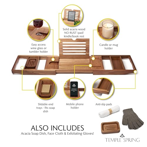 Acacia Wood Bathtub Tray Caddy for Tub — Expandable Bath Tray with Solid Book Stand Wine Holder and Non-Slip Pads — Includes Soap Dish and Spa Accessories — Luxury Hardwood Bath Gift Set - color: Acacia Wood
