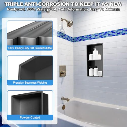 304 Stainless Steel Shower Niche Insert-24 x 12" No Tile Needed Bathroom Niche for Shower Wall-Double Shelves Built in Shower Shelf-Waterproof Recessed Cabinet for Bathroom Living Room Study Kitchen