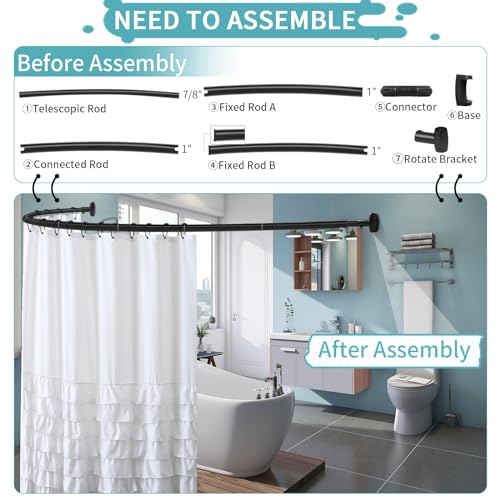 Curved Shower Curtain Rod 35-82In(2.9-6.8Ft), Matte Black Rounded Rustproof Shower Rod for Bathroom Bathtub, Adjustable Arched Shower Rod, Never Rust|Extra Space|Non-Slip|Expandable|Need to Drill - color: Matte Black