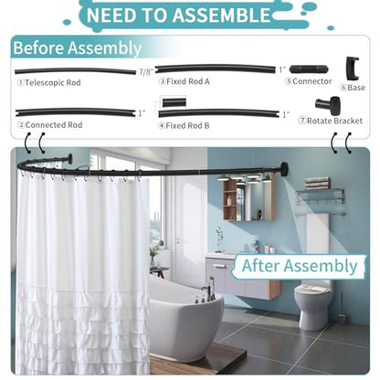 Curved Shower Curtain Rod 35-82In(2.9-6.8Ft), Matte Black Rounded Rustproof Shower Rod for Bathroom Bathtub, Adjustable Arched Shower Rod, Never Rust|Extra Space|Non-Slip|Expandable|Need to Drill - color: Matte Black