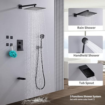 Matte Black Shower Tub Faucet Set, Wall Mounted 8 Inch Shower Heads with Handheld Spray Combo and Tub Shower Faucet, Luxury Bathroom Square Rain Shower System - 4 Hooks - color: Matte Black, style: 8 Inch with Tub Spout
