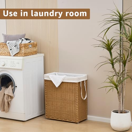 Slim Wicker Laundry Hamper, 75L Handwoven Rattan Basket with Handles, Narrow Laundry Basket with Removable Liner Bag & 2 Mesh Bags - color: Brown, size: 75L