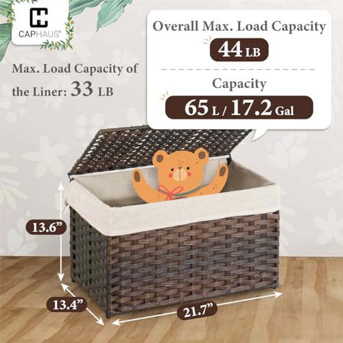 CAPHAUS Laundry Basket with Lid & Handles, Foldable Clothes Hamper, Large 65L Synthetic Rattan Storage Bin with 2 Removable Liner Bags, Collapsible Laundry Hamper, Brown - color: Brown, size: 17.2 Gal (65L)