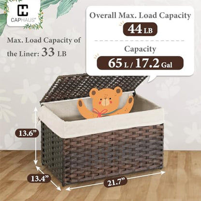 CAPHAUS Laundry Basket with Lid & Handles, Foldable Clothes Hamper, Large 65L Synthetic Rattan Storage Bin with 2 Removable Liner Bags, Collapsible Laundry Hamper, Brown - color: Brown, size: 17.2 Gal (65L)