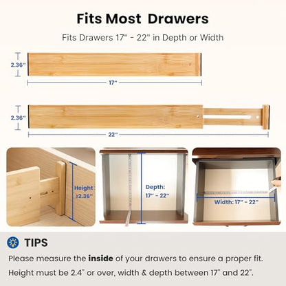 4 Pack 2.36" Bamboo Drawer Dividers, 17-22" Expandable Kitchen Organizers | Adjustable Spring-Loaded Tension Separators with Foam Pad for Clothes, Utensils, Kitchen, Dresser, Nursery & Bathroom - size: 2.36"H, 17-22"L Adjustable
