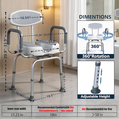 U Shaped Swivel Shower Chair with Arms & Back Support | 360° Rotating Bath Seat, Adjustable Width & Height, For Elderly Disabled Adults, 330 LBS Weight Capacity