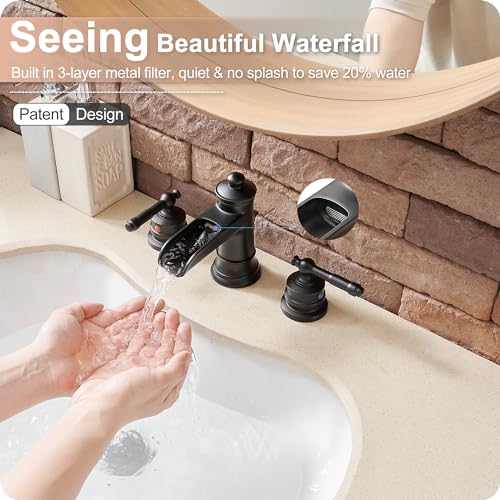 Black Waterfall Bathroom Faucet Widespread, Brass Bathroom Faucets for Sink 3 Hole, 4-16 Inch Faucet Bathroom Vanity Faucet with 2 Handles Supply Hoses & Pop-Up Drain for Modern Farmhouse - color: Matte Black - Elegant
