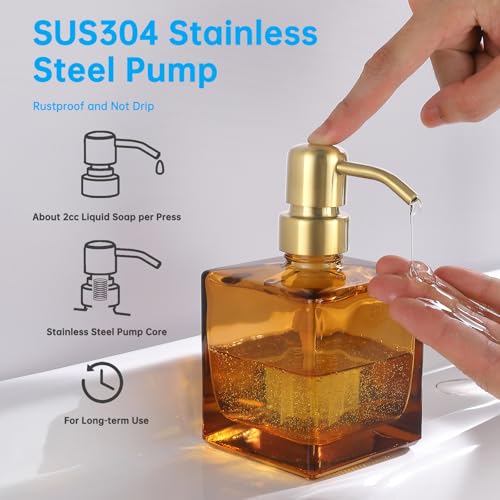 Square Bathroom Soap Dispenser Amber Bottle with Brushed Gold Pump, Retangle Cube 8.4 oz Glass Bottles with Stainless Steel Pump Hand Liquid Soap Dispenser Kitchen - color: Amber Bottle + Gold Pump
