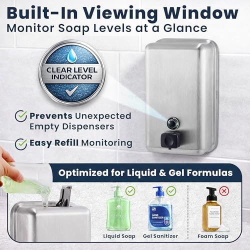 Alpine Stainless Steel Soap Dispenser Wall Mount - Commercial Liquid Wall Soap Dispenser for Bathroom, Kitchen, Refillable 1200 ml Large ADA Compliant (Vertical)