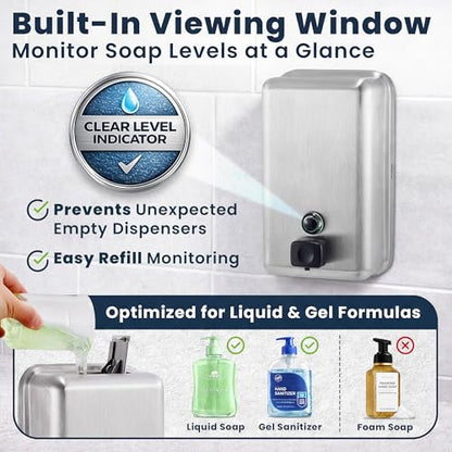 Alpine Stainless Steel Soap Dispenser Wall Mount - Commercial Liquid Wall Soap Dispenser for Bathroom, Kitchen, Refillable 1200 ml Large ADA Compliant (Vertical)