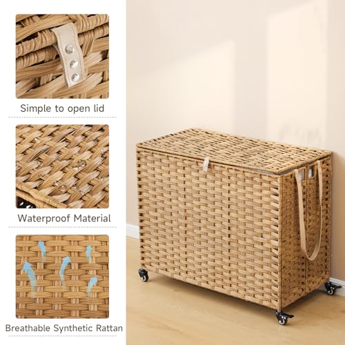 Laundry Hamper with Wheels, 52.8 Gallon(200L) Rolling Laundry Basket with Lid, Removable Large 3 Color Liners & 3 Mesh Laundry Bags, Clothes Hamper with Side Pocket, Natural - color: Natural, size: 31.5"L x 15.75"W x 25.6"H