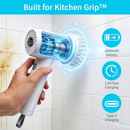 Electric Spin Scrubber,Cordless Bathroom Cleaning Brush with IPX7 Full Body Waterproof,5 Replaceable Brush Heads for Bathtub, Kitchen, Window & Whole Home Cleaning