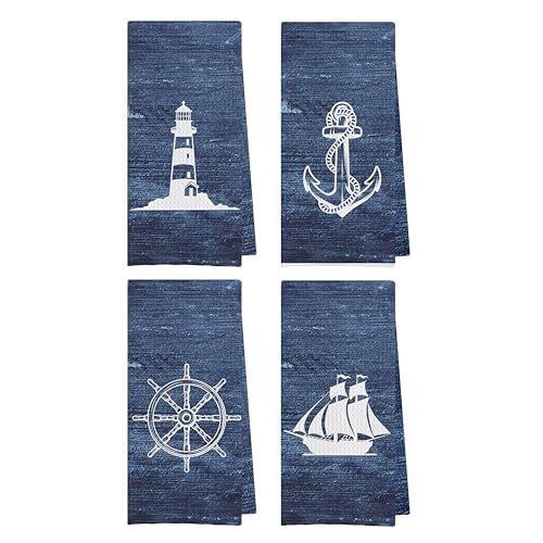 Navy Nautical Dish Towels Set - Navy Nautical Waffle Weave Kitchen Towels, Navy Blue Ocean Themed Hand Tea Towels, Coastal Bathroom Decor (16×24 Inches Set of 4) - color: Nautical D