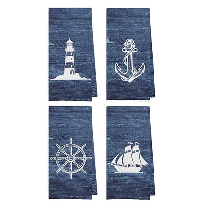 Navy Nautical Dish Towels Set - Navy Nautical Waffle Weave Kitchen Towels, Navy Blue Ocean Themed Hand Tea Towels, Coastal Bathroom Decor (16×24 Inches Set of 4) - color: Nautical D