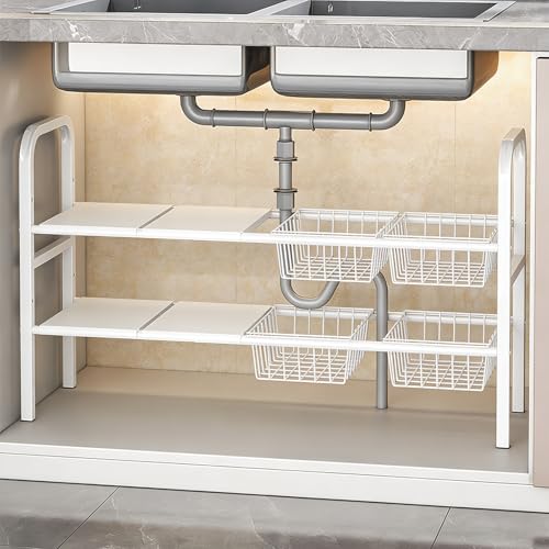 2 Tier Expandable Under Sink Organizer, 26.8 to 35.8 Inches Wide Carbon Steel Rack, Heavy Duty Storage for Double Sink Cabinet, P-Trap and Disposal Friendly (White)