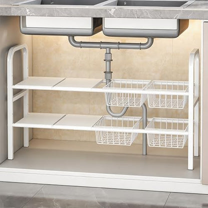 2 Tier Expandable Under Sink Organizer, 26.8 to 35.8 Inches Wide Carbon Steel Rack, Heavy Duty Storage for Double Sink Cabinet, P-Trap and Disposal Friendly (White)