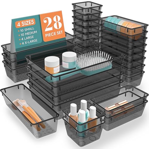 28 PCS Plastic Drawer Organizers Set, 4 Size Desk Drawer Organizer Trays | 4 Size Desk Drawer Organizer Trays for Makeup, Jewelry, Kitchen Utensils, Gadgets and Office - color: Black, size: 28 PCS
