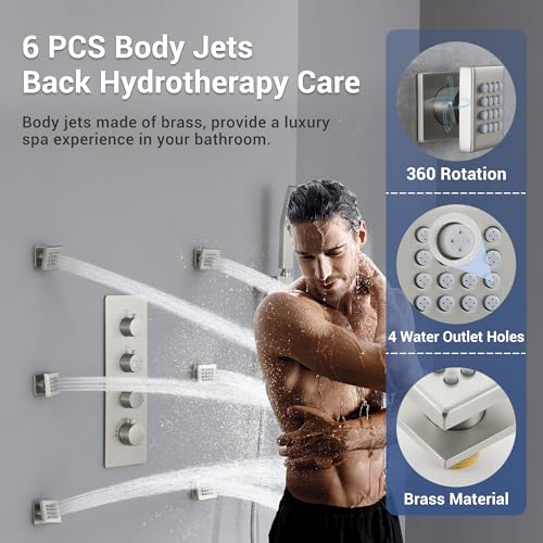 Thermostatic Shower System with 6 Body Jets & 16-Inch Ceiling Rainfall Shower Head Luxury Full Body Brushed Nickel Shower Faucet with Handheld Sprayer, Shower Fixtures Set with Valve and Trim - color: Brushed Nickel