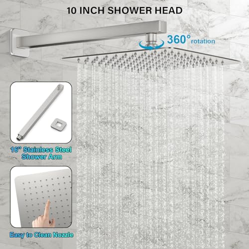 FPXRNG Shower Faucet Set Rainfall Shower System with Square Shower Head and Handle Set Rough-in Valve and Metal Trim Kit Included Brushed Nickel 10 Inch Wall Mounted Shower Fixtures - color: Brushed Nickel, size: 10 Inch Wall Mount Shower Head