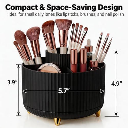 360 Rotating Makeup Brush Holder Organizer, 5-Slot Black Spinning Cup for Women, Vanity Desk & Bathroom Storage for Cosmetics and Beauty Tools Accessories