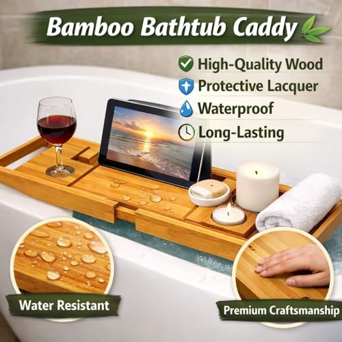 COLORANTIC | Bamboo Wood Bathtub Tray | Bathroom Caddy & Wine Holder | Cell Phone, iPad & Book Holder | Spa & Relaxation Gift for Women, Women & Parents | DIY Rustic Bath & Bathroom Organizer