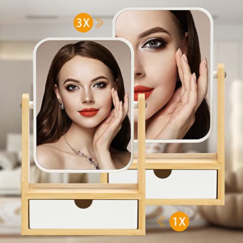 YEAKE Vanity Double Sided Magnifying Makeup Mirror with Storage, Adjustable Natural Bamboo Stand, Portable Desk/Table Mirror, Rectangular - size: 10.2"L x 6.5"W