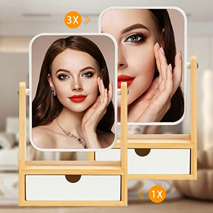 YEAKE Vanity Double Sided Magnifying Makeup Mirror with Storage, Adjustable Natural Bamboo Stand, Portable Desk/Table Mirror, Rectangular - size: 10.2"L x 6.5"W