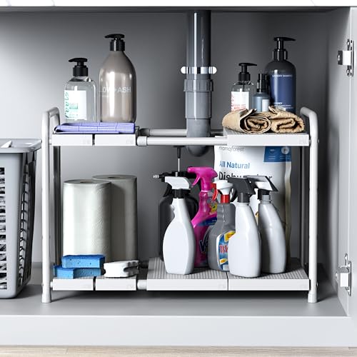 Simple Houseware Under Sink 2-Tier Heavy Duty Expandable Organizer, White | Adjustable Width 15.75–25 Inches with 4 Shelf Height Levels - color: White