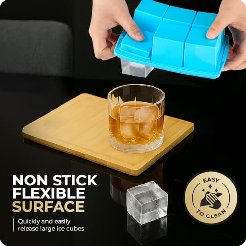 Large Ice Cube Trays for Whiskey, Silicone Ice Cube Tray, with Reinforced Steel Ring Top, Makes 12 perfect 2-in ice cubes, Square Ice Tray for Cocktails, Whiskey, Coffee. (2 Pack) - color: Sea blue