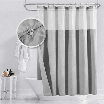 Barossa Design Cotton Shower Curtain with Snap-in Liner Gray, 71x78 Long | Cotton Blend, Honeycomb Waffle Weave, Fabric Snap on/off Liner, Water Repellent, Mesh Window, Machine Washable, 71 x 78 - color: Lake Wanaka Gray, size: 71"W x 78"L (Pack of 1)