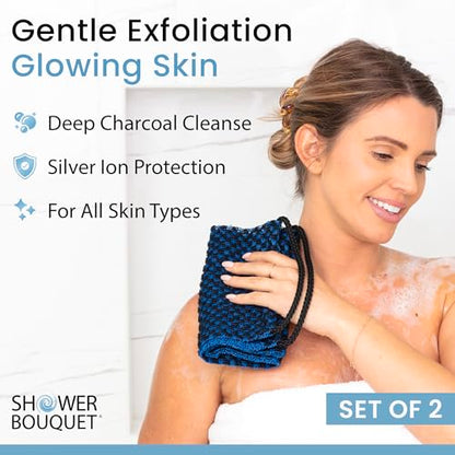 SHOWER BOUQUET Japanese-Exfoliating-Washcloth 2-Pack Charcoal & Silver Ion | Exfoliating Towel & Handles | 2-Sided Gentle Exfoliation & Deep Cleansing | Back & Body Wash Cloths for Shower | White + Blue - color: Charcoal Blue + Charcoal White, size: 1 Cou