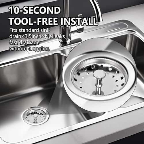 2 Pack - Kitchen Sink Strainer and Stopper Kit Basket - Replacement for US Standard 3-1/2 Inch Kitchen Sink Drain - 304 Stainless Steel Basket with Knob - Rubber Sink Stopper Bottom