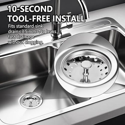 2 Pack - Kitchen Sink Strainer and Stopper Kit Basket - Replacement for US Standard 3-1/2 Inch Kitchen Sink Drain - 304 Stainless Steel Basket with Knob - Rubber Sink Stopper Bottom