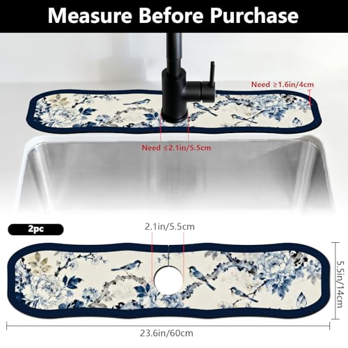 2 Pcs Irregular Shape Kitchen Sink Splash Guard Faucet Mat Flower and Bird Painting Pattern Faucet Mat for Sinks Chinese Style Absorbing Drying Mats for Kitchen Bathroom, 23.6x5.5inch - color: Flower and Bird