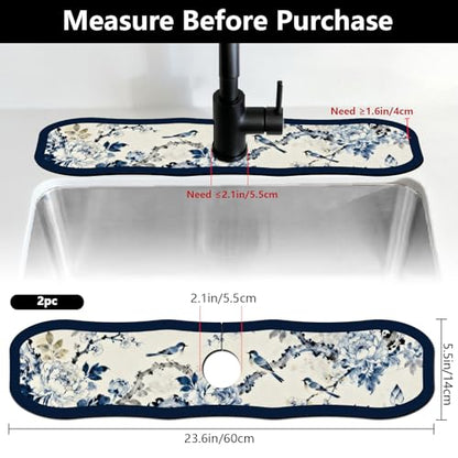 2 Pcs Irregular Shape Kitchen Sink Splash Guard Faucet Mat Flower and Bird Painting Pattern Faucet Mat for Sinks Chinese Style Absorbing Drying Mats for Kitchen Bathroom, 23.6x5.5inch - color: Flower and Bird