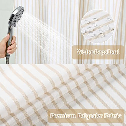 ASPMIZ Farmhouse Striped Shower Curtain and Liner Set No Hook, Beige 71x74 | No Hook Shower Curtain with Snap in Liner Fabric, Rustic Washable Waterproof Bathroom Curtains with Button, Mesh Top Window - color: Beige Striped, size: 71"W x 74"L (Pack of 1),