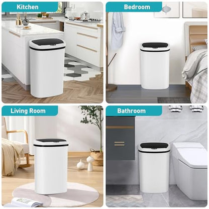 13 Gallon Automatic Kitchen Trash Can with Lid, Touchless Motion Sensor Garbage Can - Hygienic, Odor Control, Waterproof Waste Bin for Kitchen Bathroom Bedroom Office (50L), PP Plastic, White - color: White