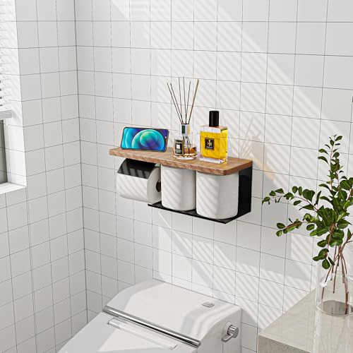 Double Toilet Paper Holder with Wide Solid Wood Shelf | 16" x 5.31" Double Roll Holder Fits Phone & Large Wipes Storage | Rust-Resistant for Rustic Farmhouse Bathrooms Organizer - color: Black