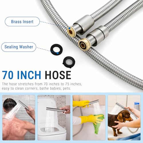 G-Promise All Metal 3-Function Handheld Shower Wand | All Metal, Built to Last, Easy Install, with On/Off Switch Holder, Extra Long Hose, Modern Upgrade - color: Brushed Nickel, style: Round