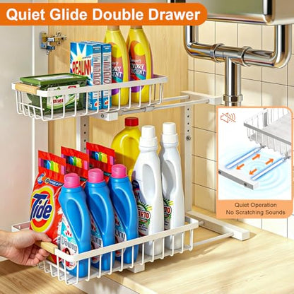 Under Sink Organizer, Height Adjustable Under Sink Organizers and Storage, 2 Tier Pull Out Drawer Cabinet Storage for Kitchen Bathroom, 1 Pack, White | cabinet organizer, 5 level adjustable, quiet sliding rails, dual suction and nano tape, no drill, rust