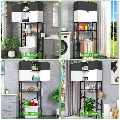 Over-The-Toilet Storage Rack, 4-Tier Bathroom Organizer Shelf Over Toilet with Barn Doors Cabinet and Basket, Freestanding Space Saver Bathroom Shelves with Paper Holder Above Toilet (Black & White) - color: Black White
