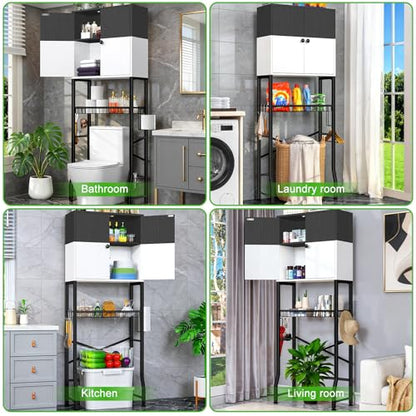Over-The-Toilet Storage Rack, 4-Tier Bathroom Organizer Shelf Over Toilet with Barn Doors Cabinet and Basket, Freestanding Space Saver Bathroom Shelves with Paper Holder Above Toilet (Black & White) - color: Black White