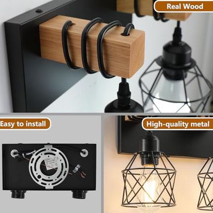 Farmhouse Vanity Light Fixture,2-Light Bathroom Lighting,Black Industrial Wood Wall Light Over Mirror with Metal Shade - color: Black, size: 2-Light-Wide 12"