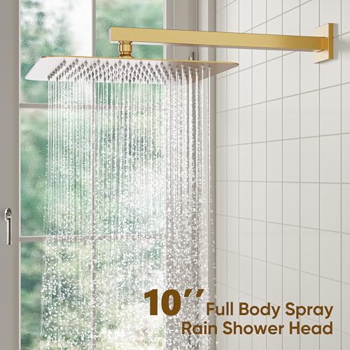 ESNBIA Gold Shower Head, Rainfall Shower System with 10 Inches Rain Shower Head, All Metal Shower Faucet Set with Shower Valve, Wall Mounted Shower Fixtures, Brushed Gold - color: Brushed Gold, style: 10 Inches